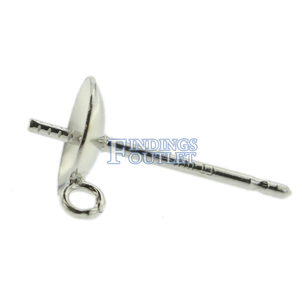 14k White Gold Pearl Cup Stud Earring Mounting Setting Push Back Post With Ring
