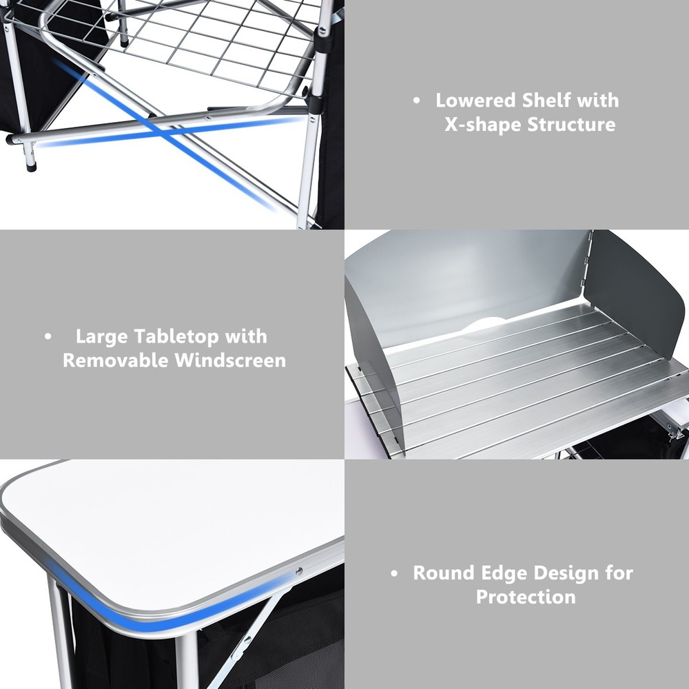 Folding Portable Aluminum Camping Grill Table w/ Storage Organizer Windscreen