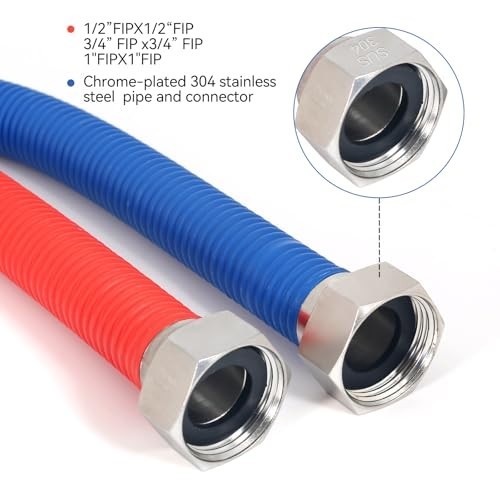24" Flexible Stainless Steel Water Heater Connector 1/2" FIP, Hot/Cold Color Cod