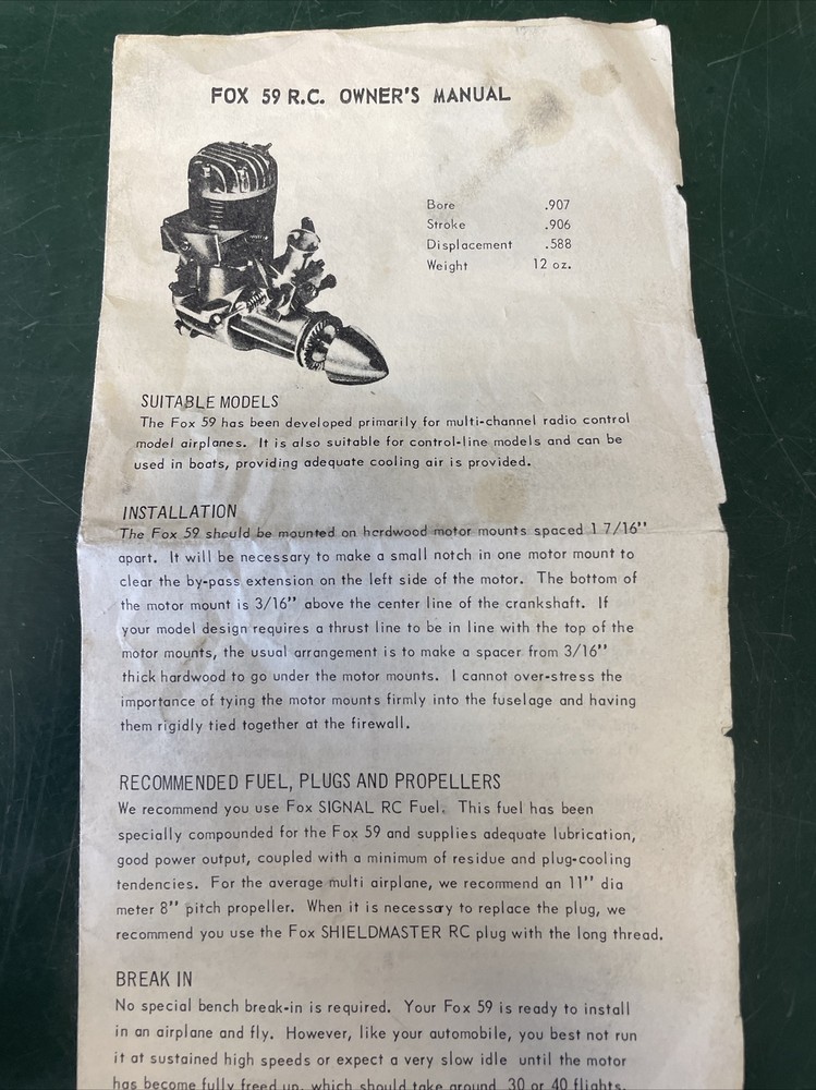 Vintage FOX 59 Throttle Controlled Nitro Model Airplane .59 cu.in Engine