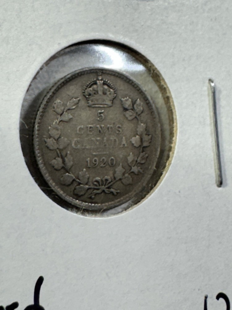 1920 Canada 5 Cents Silver Coin Cleaned