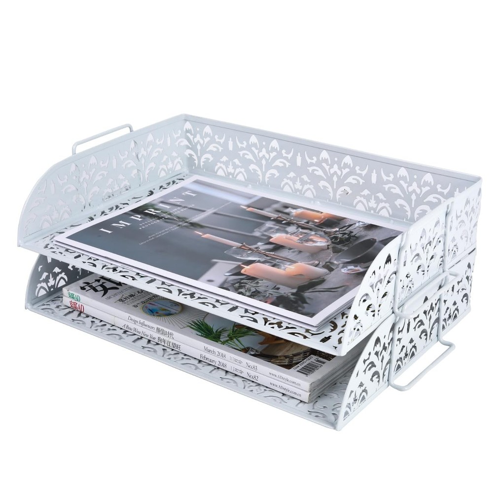 White 2-Tier Metal Desktop File Organizer | Stackable Letter Tray Paper Holder
