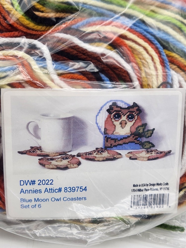 Design Works Plastic Canvas Kit Blue Moon Owl Coasters Set