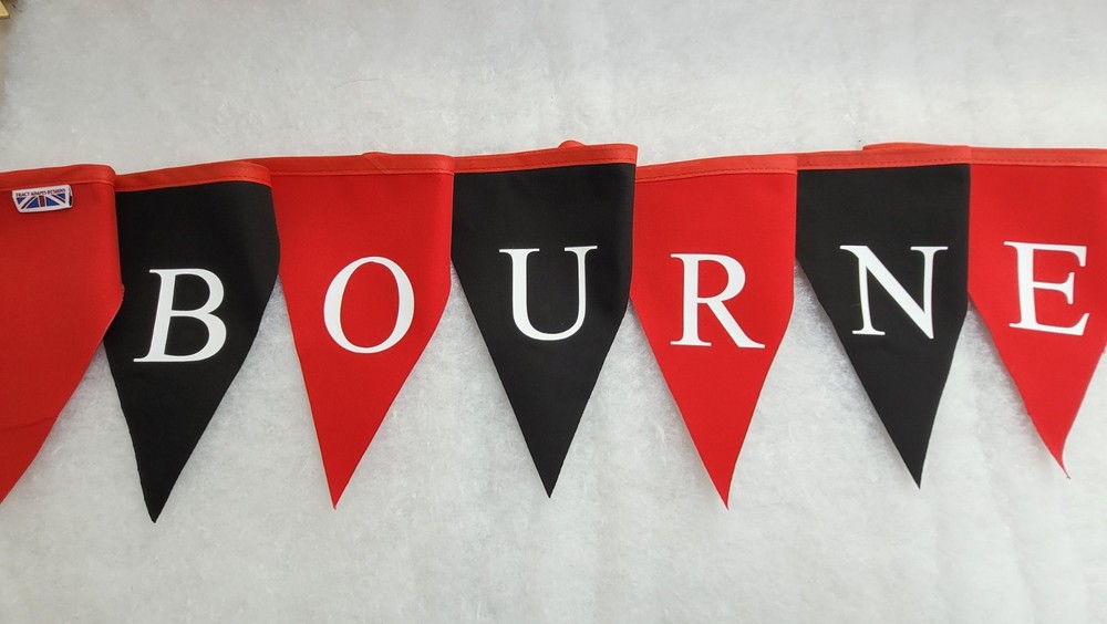 Printed Bournemouth bunting - red and black flags with white print