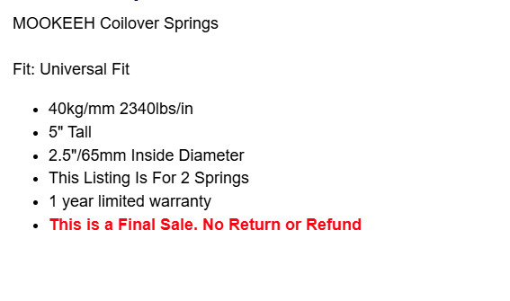 MOOKEEH Coilover Replacement Springs 40K 2240lbs 5" 2.5" 65 mm ID