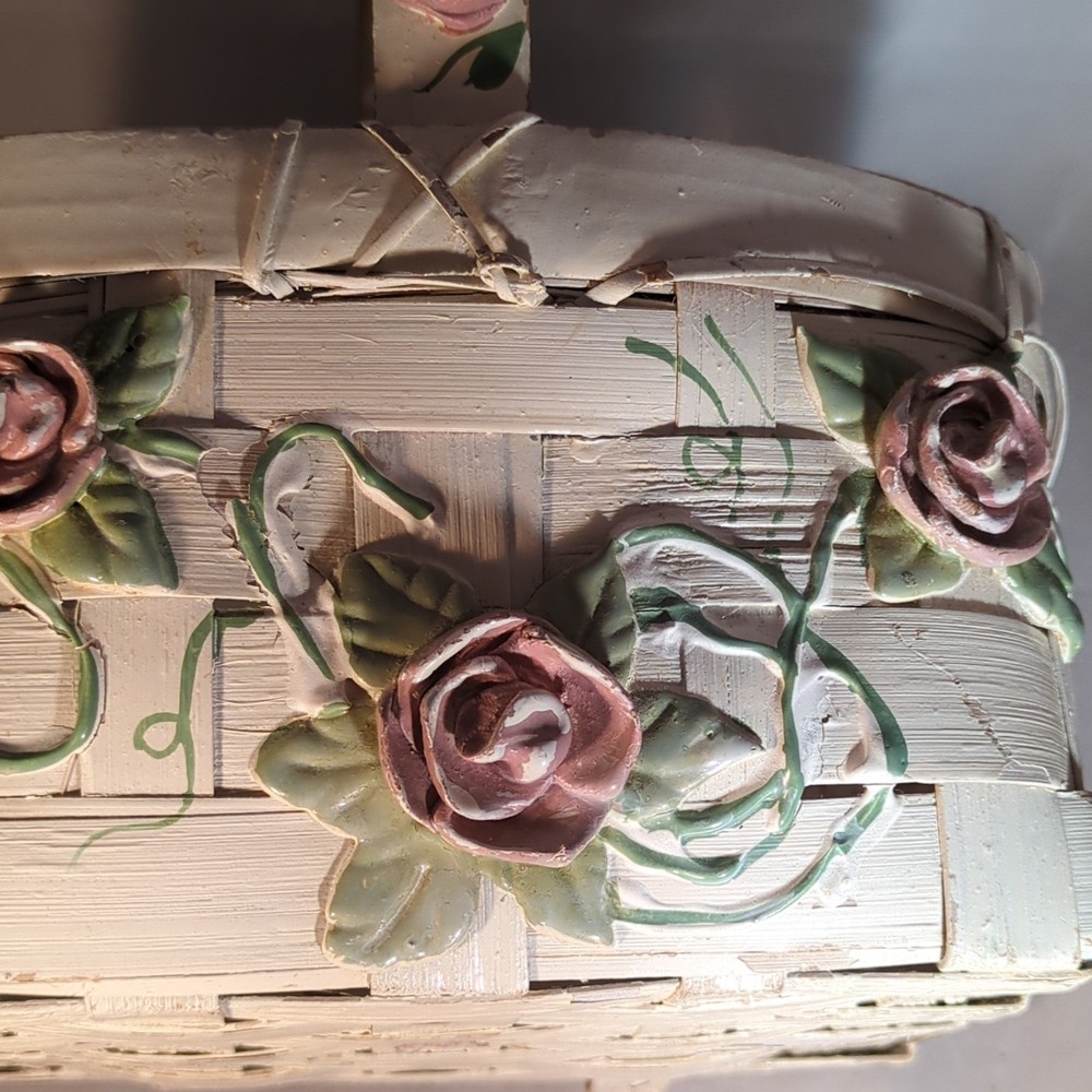 Ivory Rectangular Decorative / Easter Basket With Pink Rose Accents and Handle