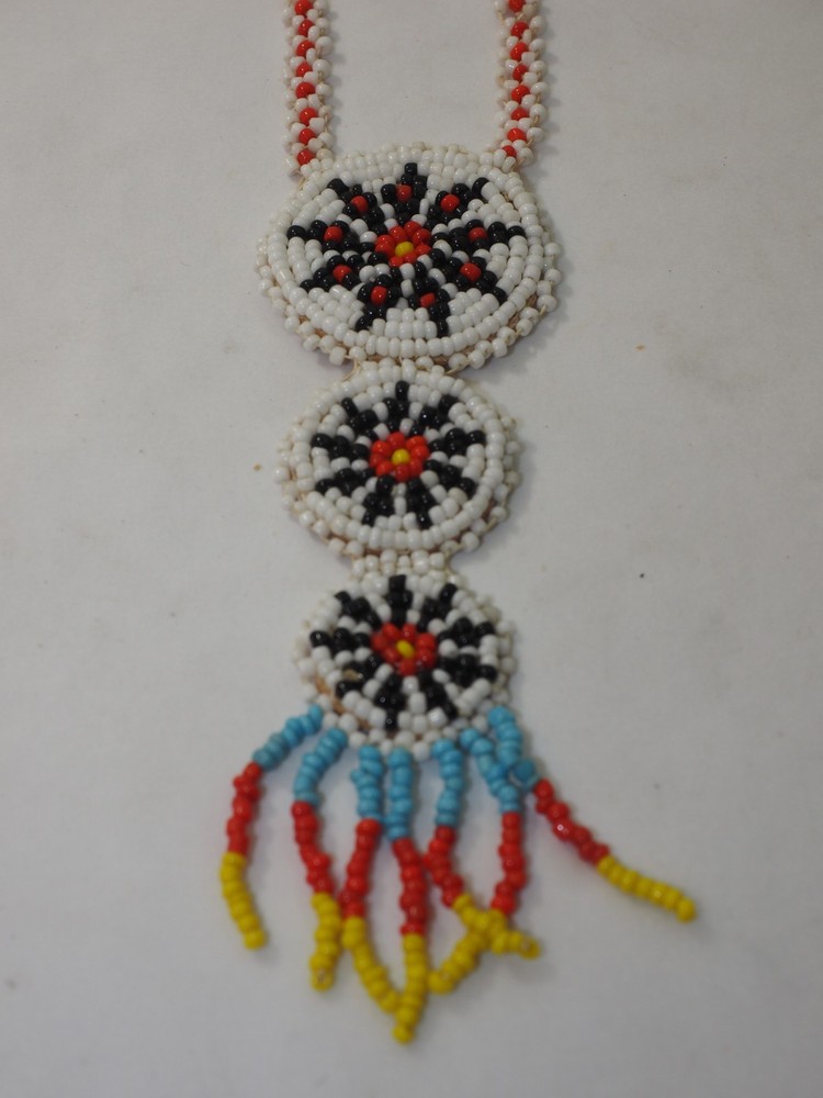 Vintage Handmade Micro Beaded Triple Panel Sunburst Necklace 24"