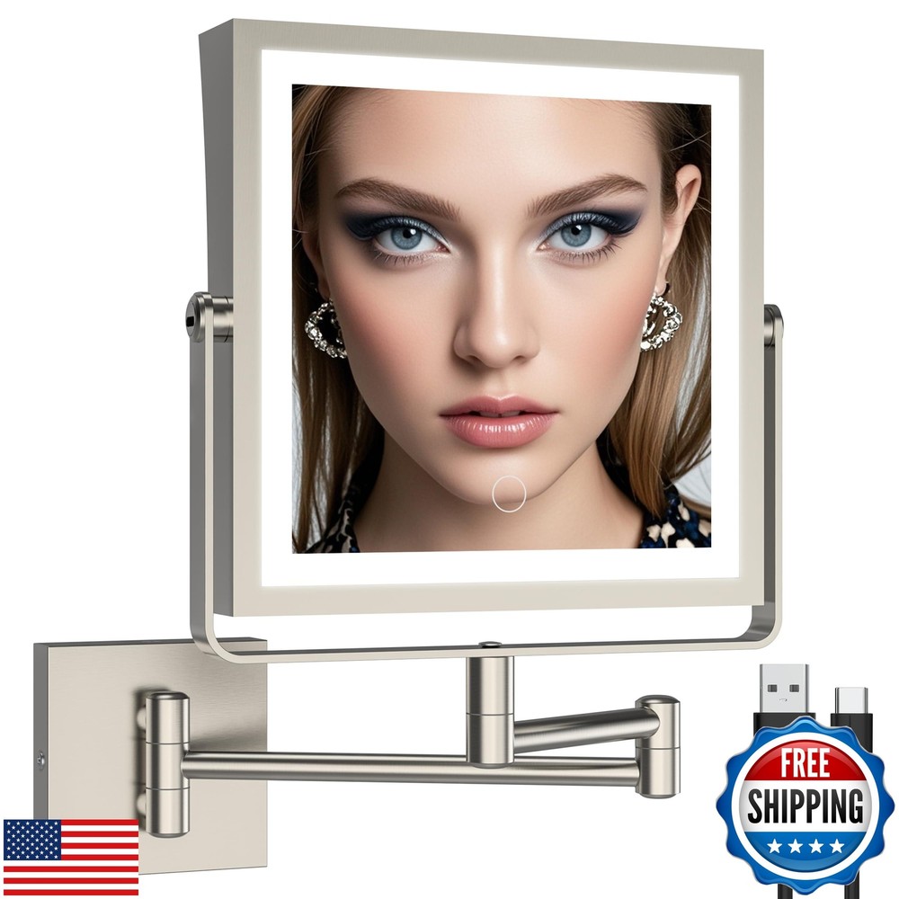 Ruacq Rechargeable Wall Mounted Makeup Mirror with Lights, Double Sided 1X/10