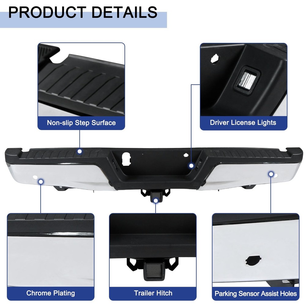 后保险杠适用于 2015 - 2020 年福特 F150,拾音器铬钢后踏板保险杠