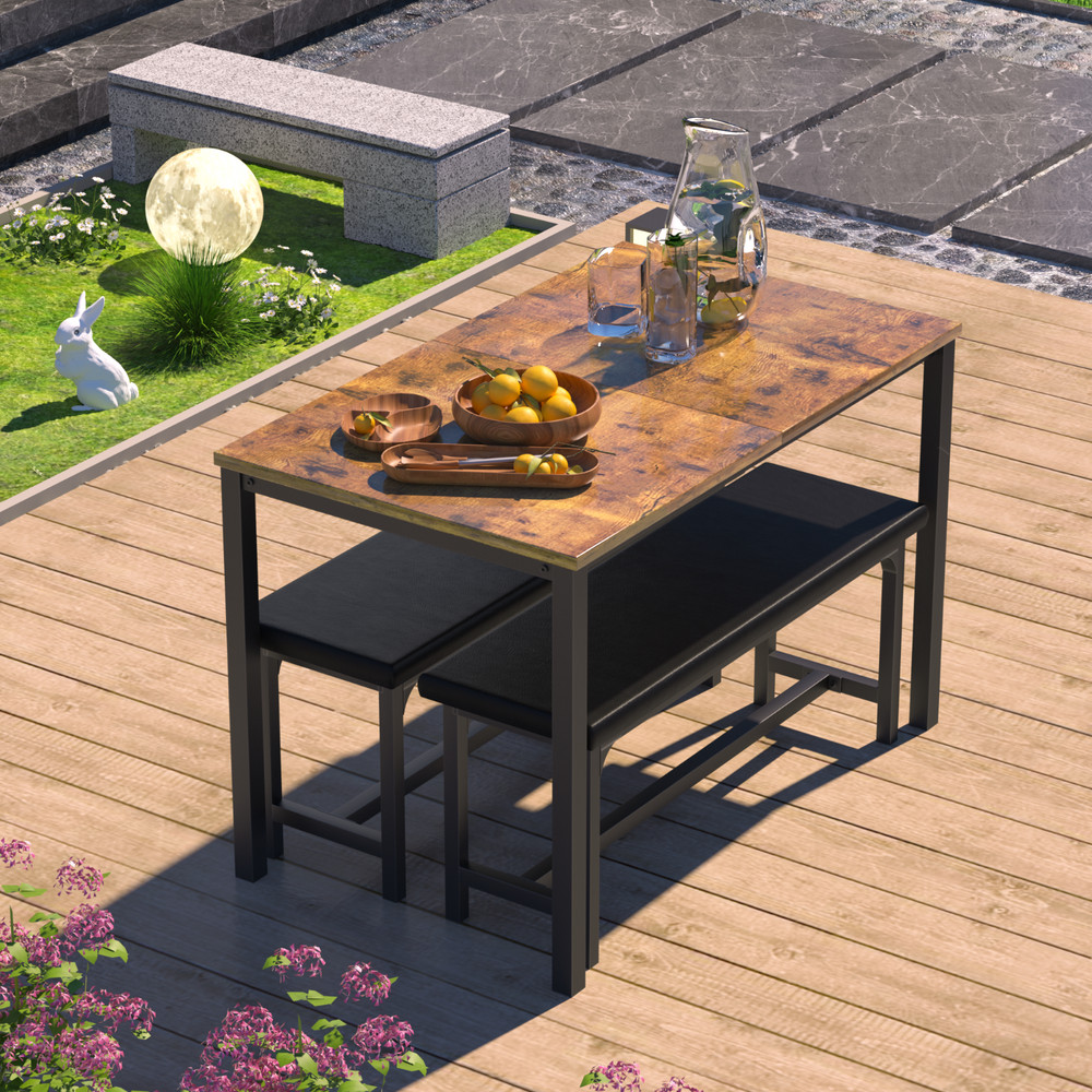 Extendable Dining Room Table Set +2 Benches Kitchen Wood Set for 4-6 Small Space