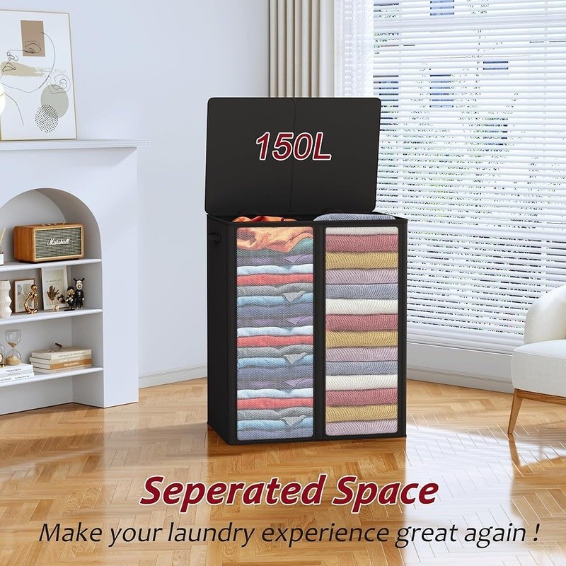 Large 150L Laundry Hamper W/ Lid 2 Section Compartment Durable Storage Basket US