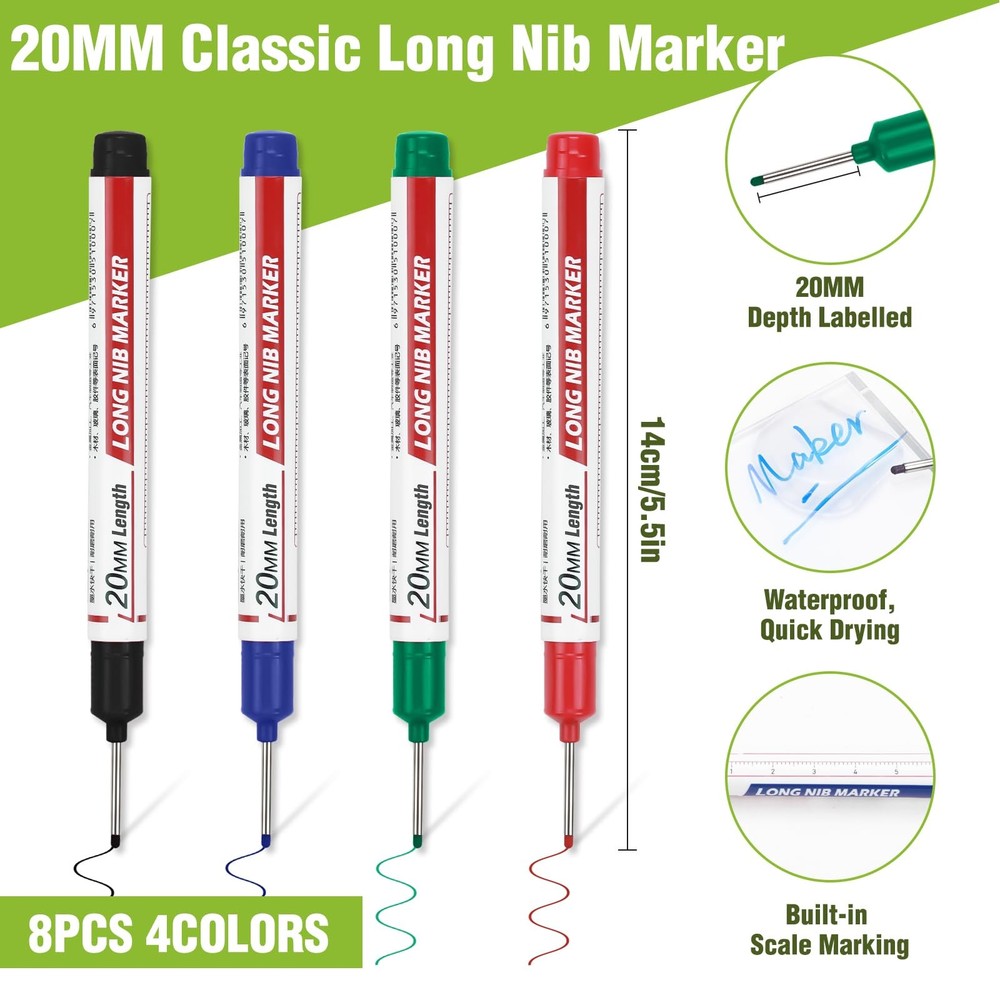 8pcs Long Nib Marker, Long Head Deep Hole Marker Pens, Waterproof Constructio...