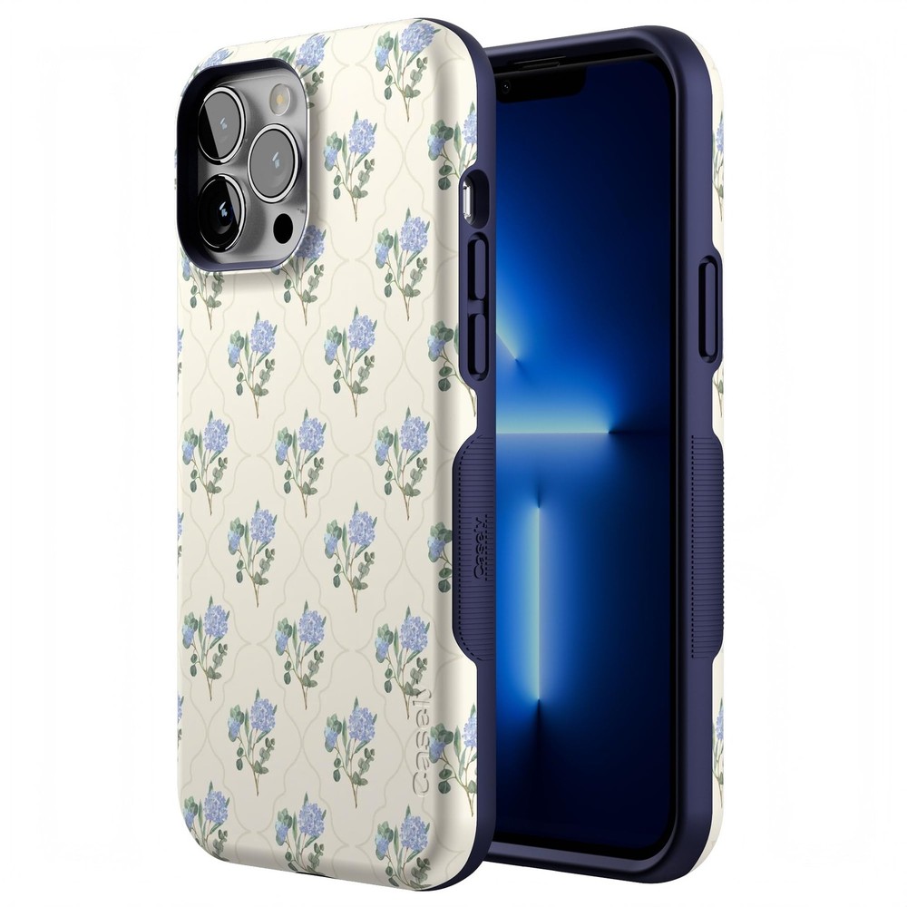 Casely iPhone 13 Pro Case | Vintage Garden | Blue Hydrangea | Bold Protective De
