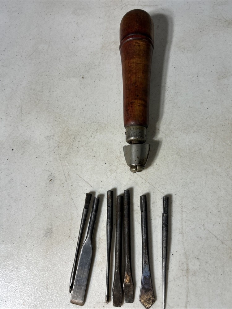 Vintage Wood Handle Screwdriver/Multi Tool With Bit Storage 7 Bits Marked