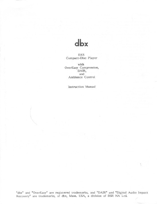 DBX DX-5 CD Player Owners Manual