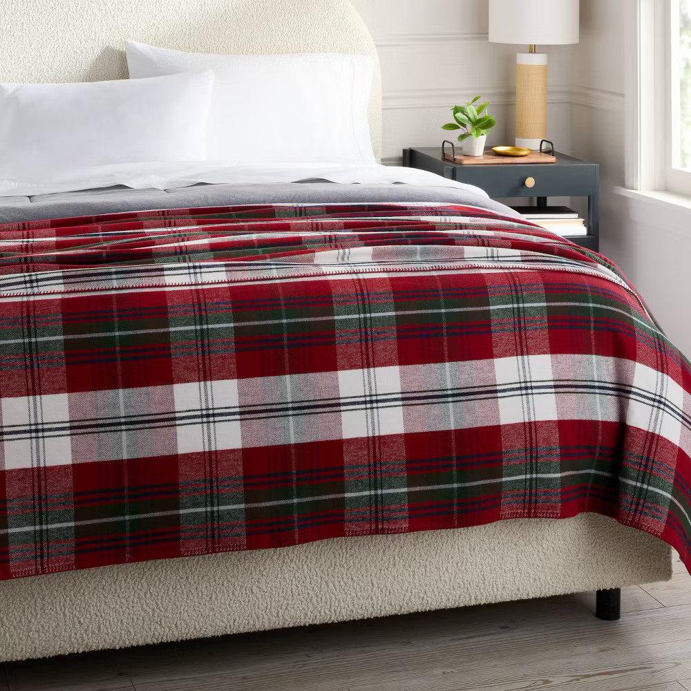 Full/Queen Brushed Cotton Blanket Red Plaid - Threshold