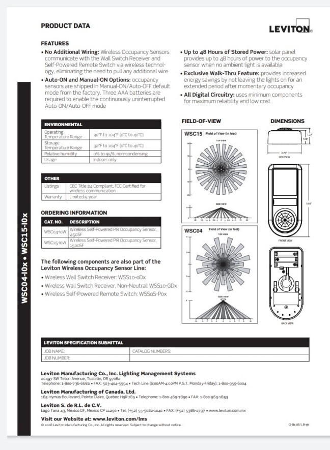 Leviton WSC15-I0W Occupancy Sensor