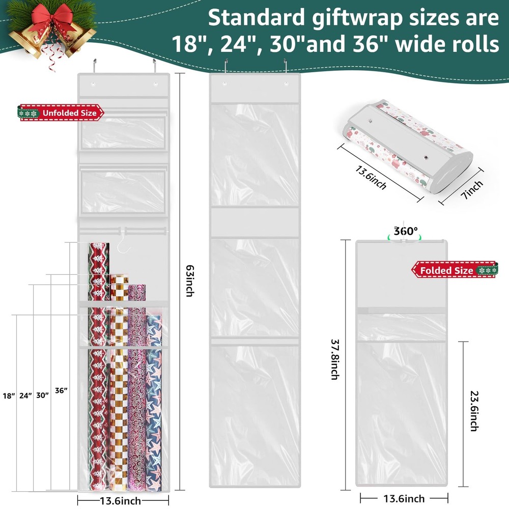 Wrapping Organizer Storage, Double-Sided Hanging Gift Wrap Roll Holder for Ch...