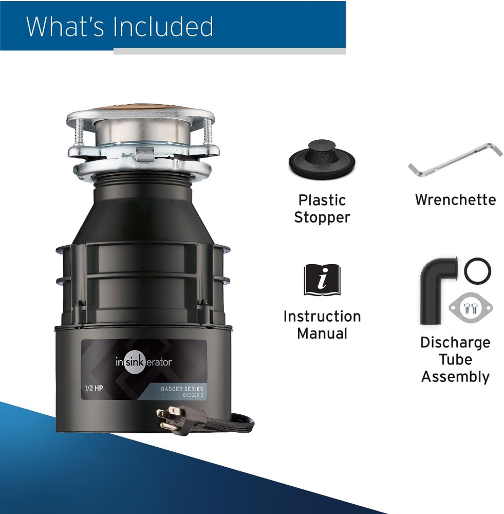 Badger 5 Garbage Disposal with Power Cord, Standard Series 1/2 HP Continuous ...