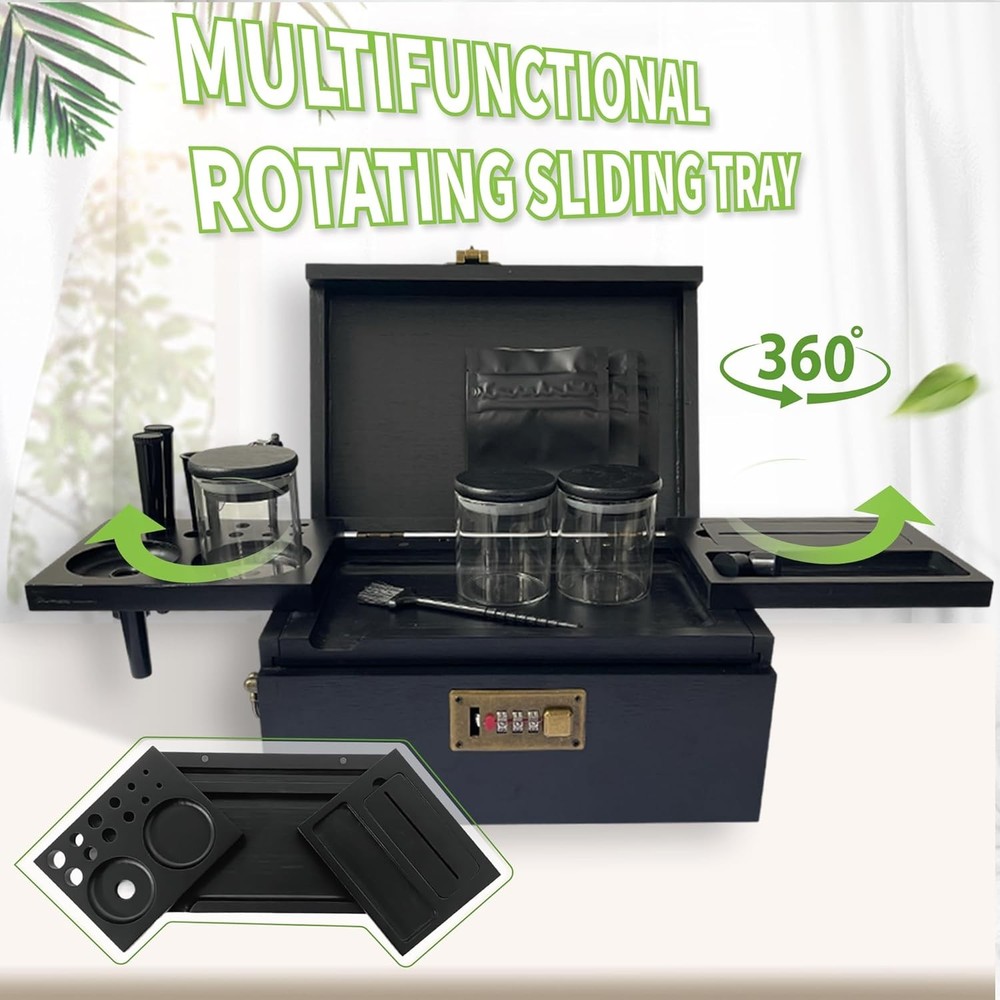 Black Bamboo Box with Combination Lock, Large Stash Box with Removable Tray D...