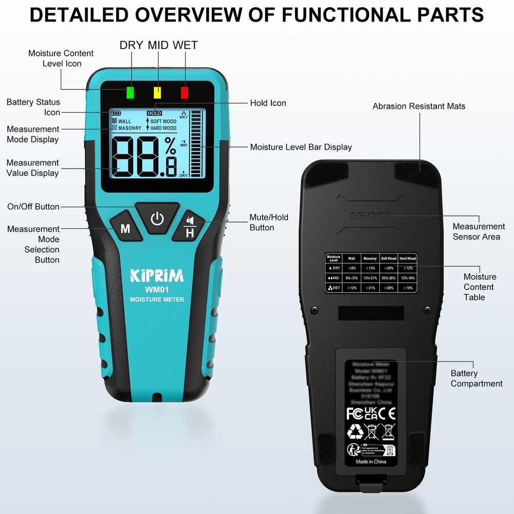 Kiprim Pinless Moisture Meter Home Level Tester Damp for...