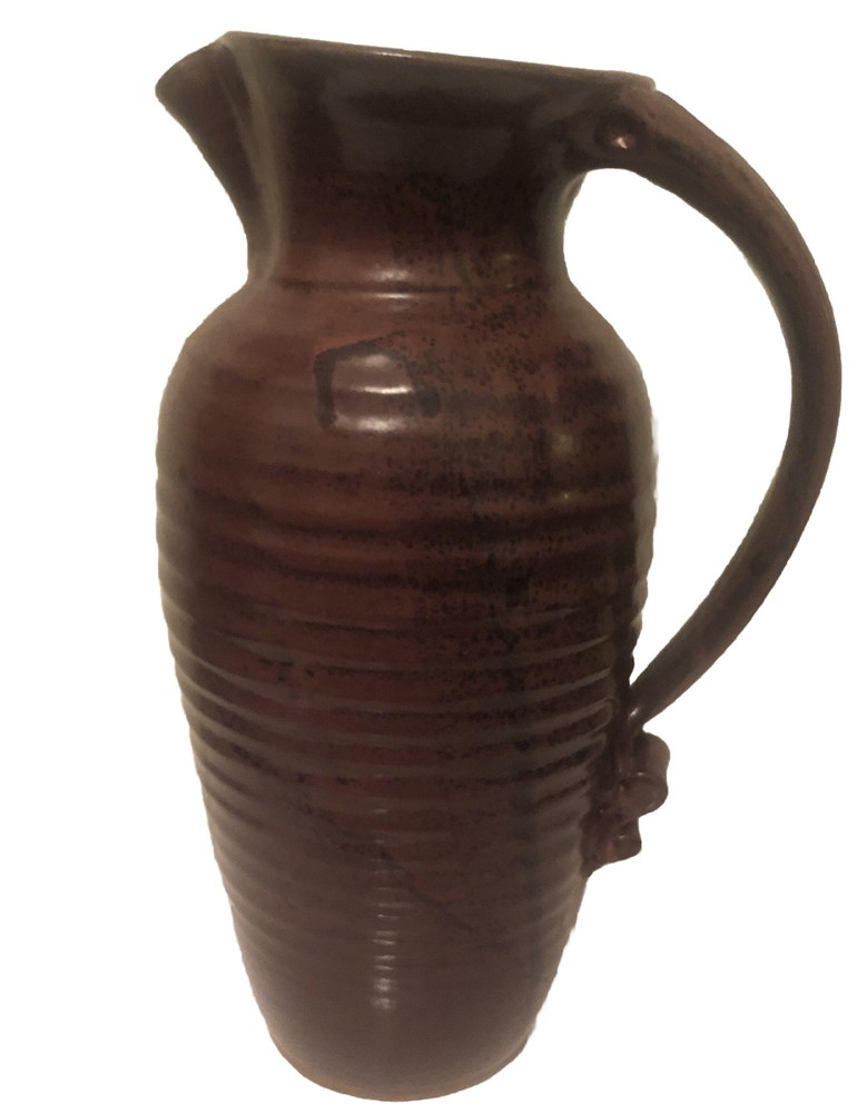 Art Pottery Ceramic Pitcher Rustic Drip Glaze Ribbed Pattern Scroll Handle 11.5”