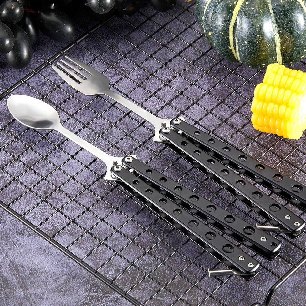 2 Pcs Butterfly Fork and Spoon Set, Tactical Folding Black