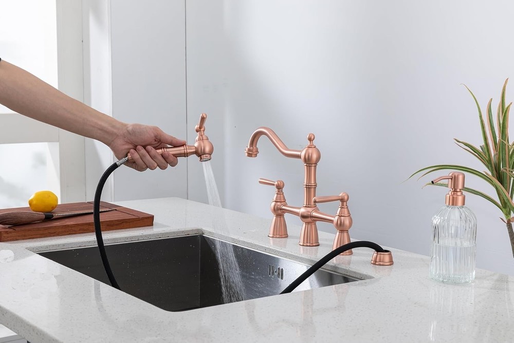 Solid Brass Copper Bridge Kitchen Faucet with Pull Down Sprayer,2 Handles 4 H...