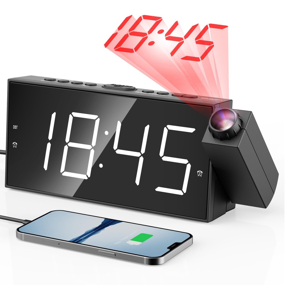Mesqool Projection Alarm Clock Dual USB Dimmer Snooze