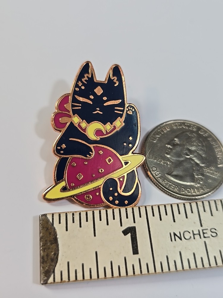 Black Cat Hugging Red Planet Lapel Pin
