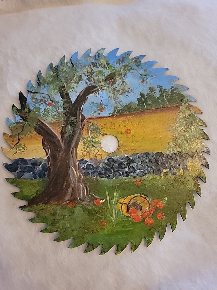 Hand Painted Circular Saw Blade Tree Apple Scene