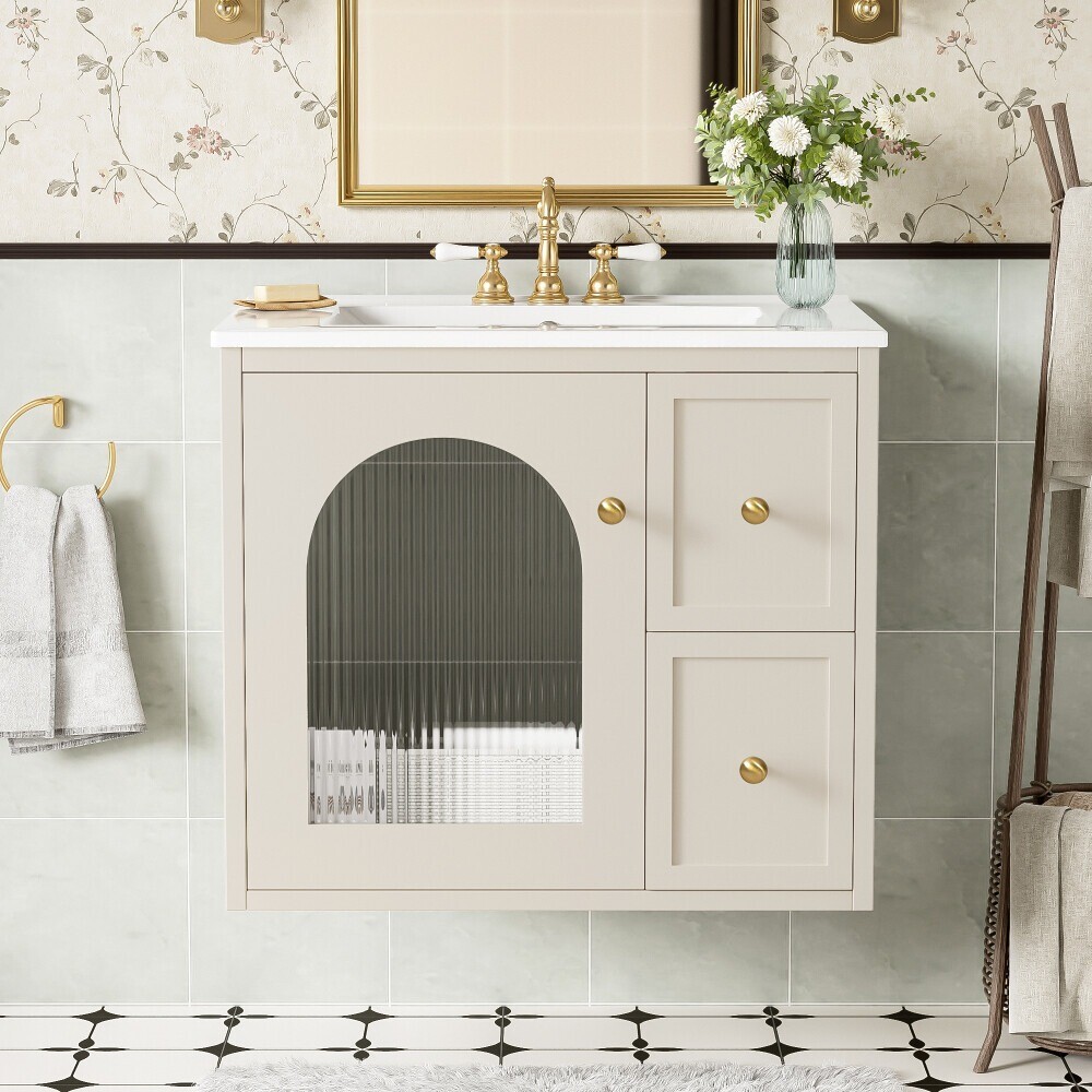 24" Wall Mounted Bathroom Vanity Set W/ Ceramic Sink & 2 Drawers for Small Space