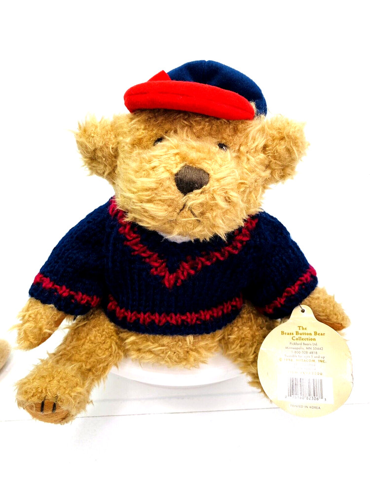 Brass Button Bear Collection Tully 8" Fuzzy Teddy Blue Sweater Cap Tag 1996