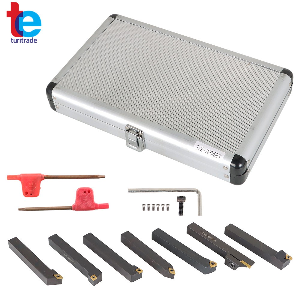 7Pcs Carbide Indexable Turning Tool 1/2" Tool Bit Thread Insert+Holder For Lathe