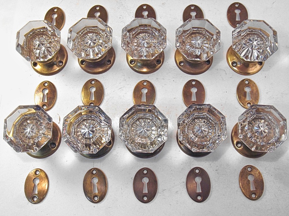 RESTORED! One Pair Antique Crystal Glass Door Knobs 2 Rosettes 2 Key Hole Covers