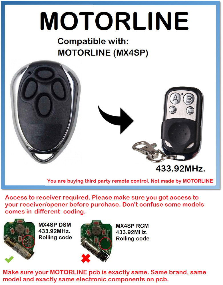 MOTORLINE MX4SP DSM Compatible Remote Control Rolling code 433.92MHz