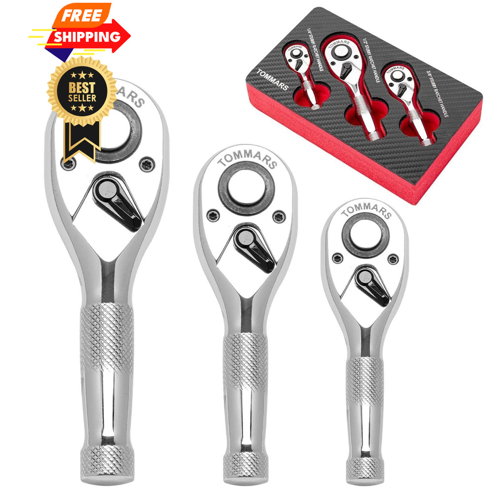TOMMARS Stubby Ratchet Set, 1/4", 3/8", 1/2" Drive, Silver
