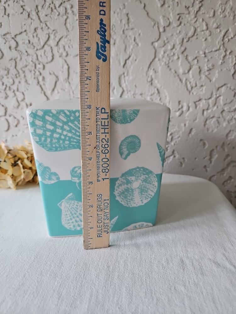 Ceramic Tissue Box Cover Beach House Seashell Crab Aqua White