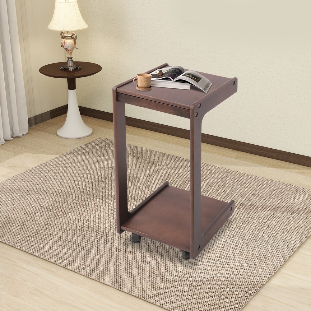 2-tierd Solid Wood Bedside C-shaped Side Table W/ Drawer & Lockable Wheels