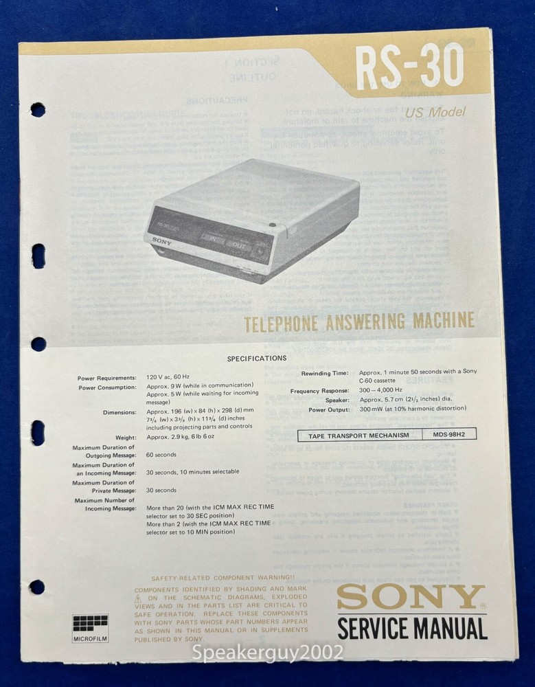Original Sony RS-30 Answering Machine Service Manual