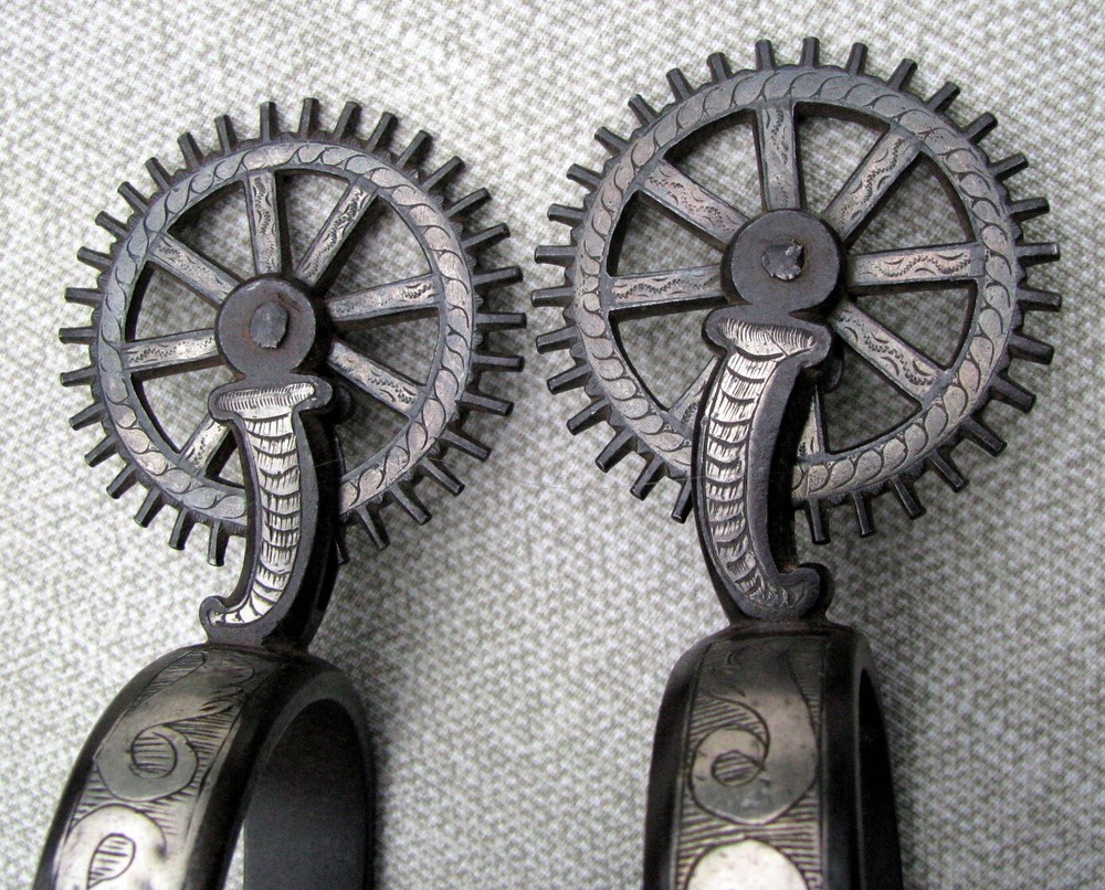 SPANISH COLONIAL TRANSITIONAL DBL MTD ENGRAVED 2 PATTERN CLOCK GEAR ROWELS c1850
