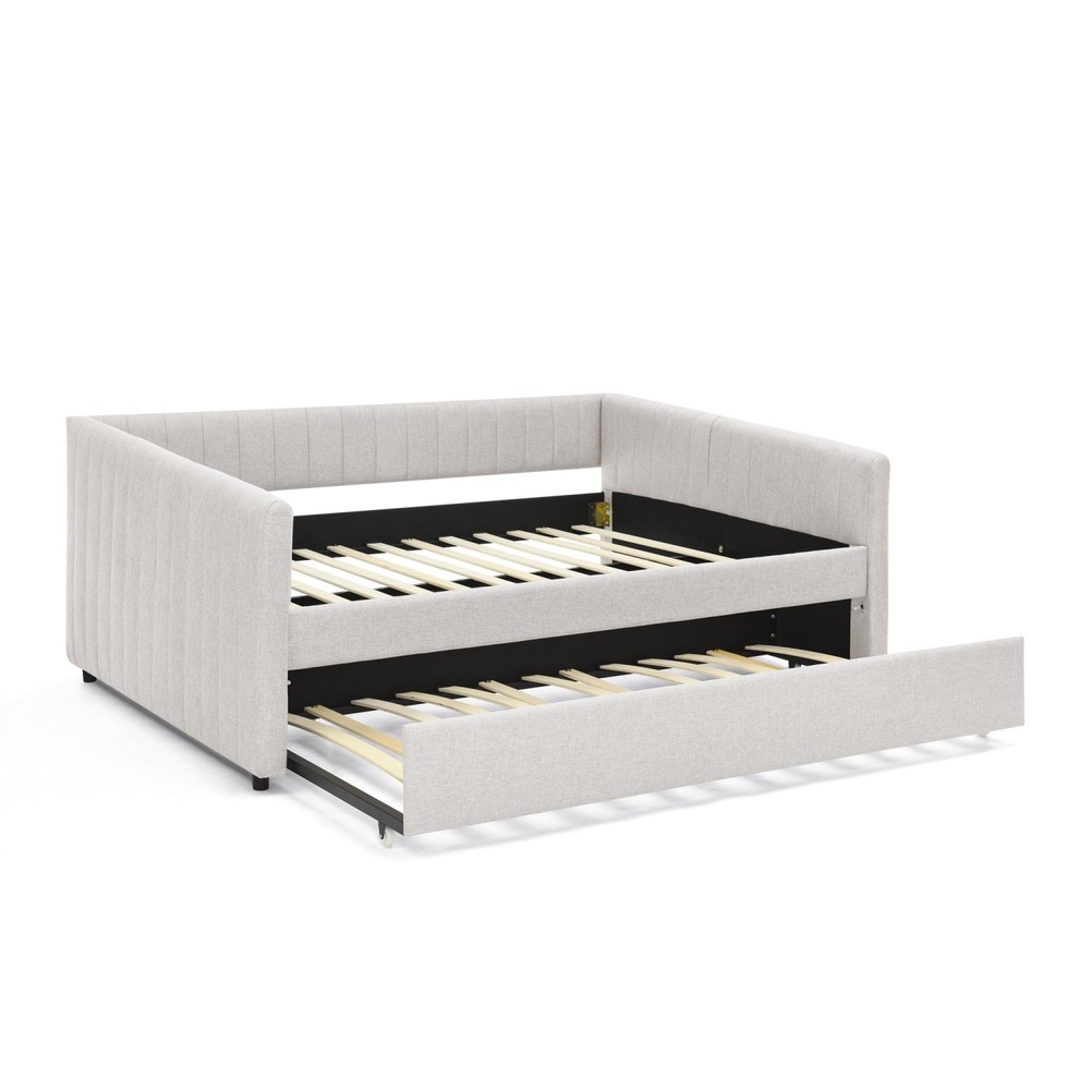 Full Daybed Modern Linen Upholstered Bed Frame Sofa Bed with Pull-Out Trundle