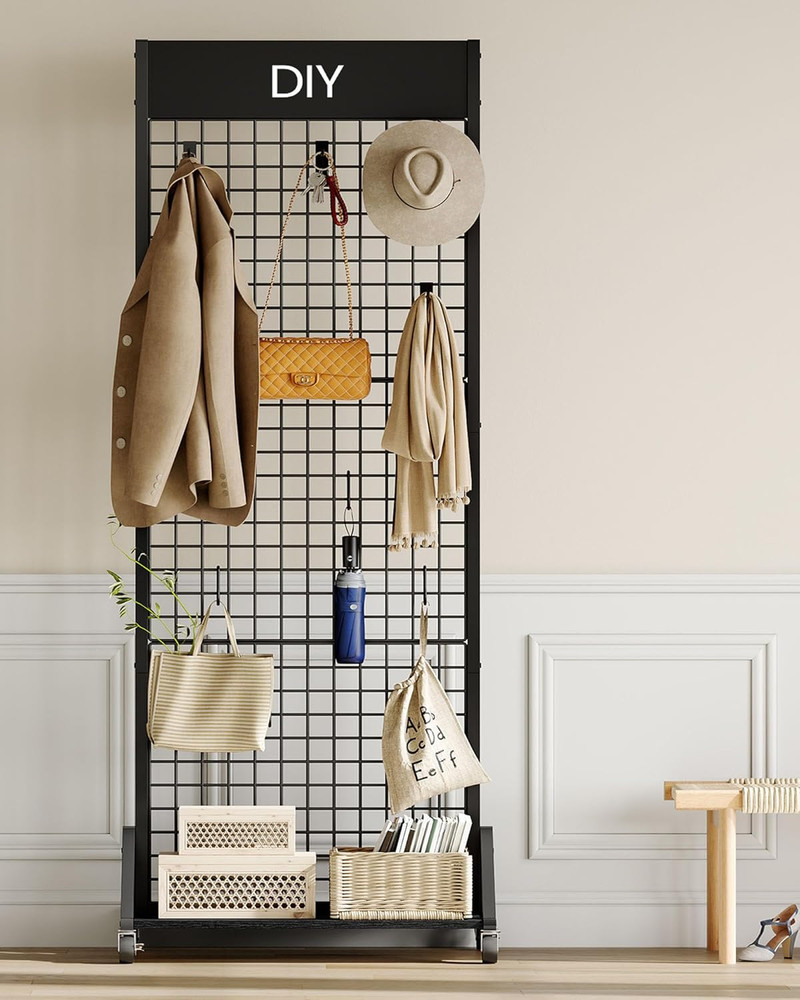 Floor Standing Grid Wall Display Rack with Hooks - Black 2' x 5.7