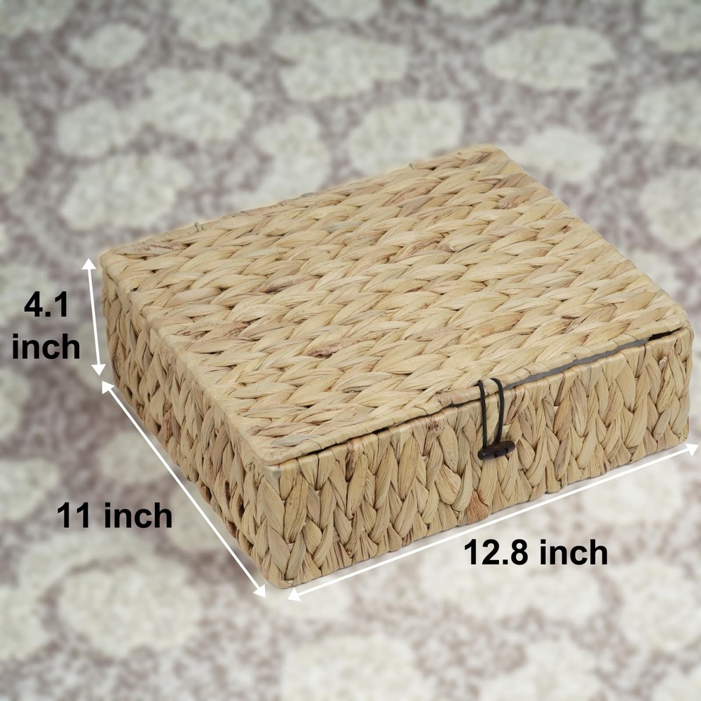 Water Hyacinth Basket with Lid, Rectangular Wicker Storage Basket Bins with L...