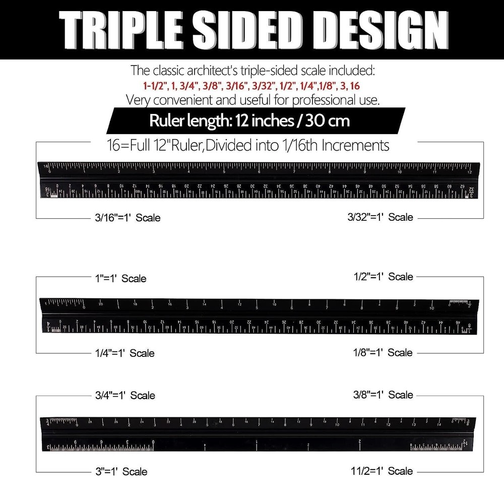 New Architectural Scale Ruler 12" Aluminum Architect Triangular For Students USA