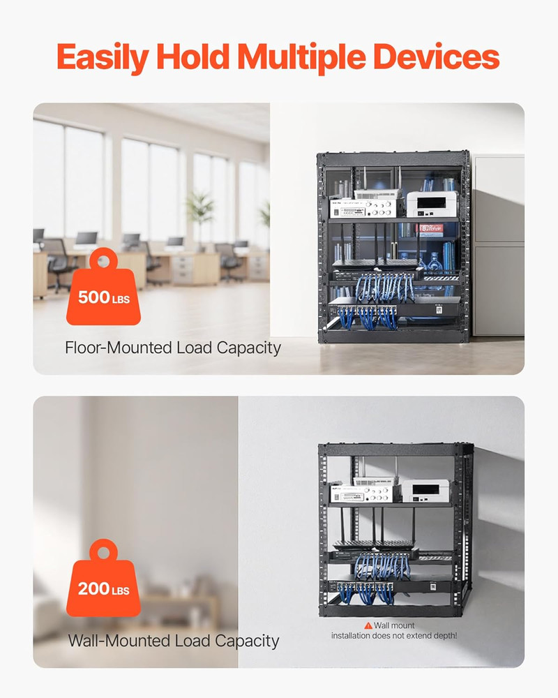 12U Server Rack, Open Frame Network Rack for IT & AV Gear, Floor Standing or Wal