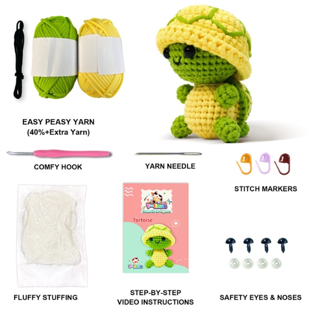 Beginner Crochet Turtle Kit DIY Amigurumi Set Yarn Tools Included Video Tutorial