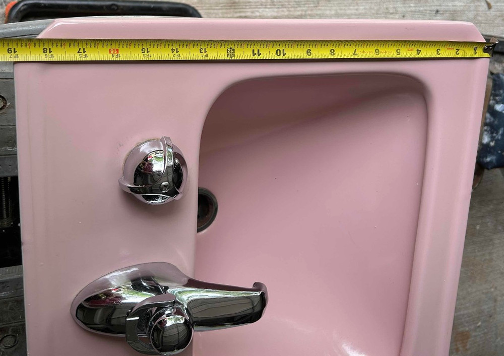 1954 Crane Pink Bathroom Sink - Drop-In - Atomic Chrome Knobs - Square Corners!