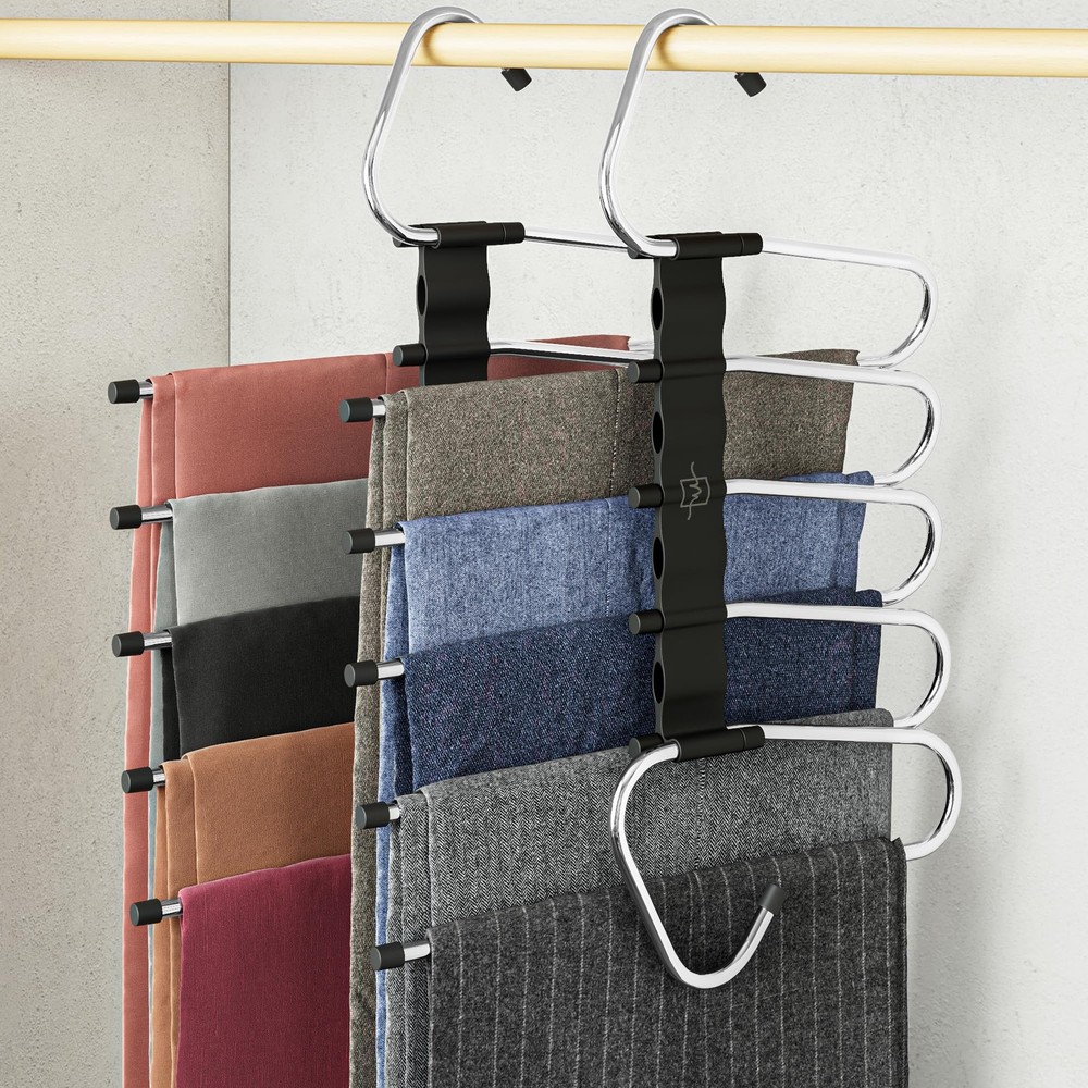 Pants Hangers Space Saving - 2 Pack - Non-Slip Multi-Layer Space Saving Hange...