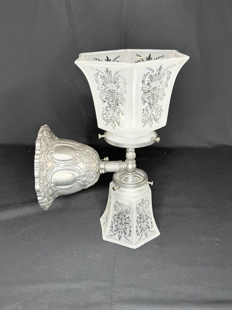 Victorian 2 Light Ornate Etched Glass Wall Sconce Brushed Nickel